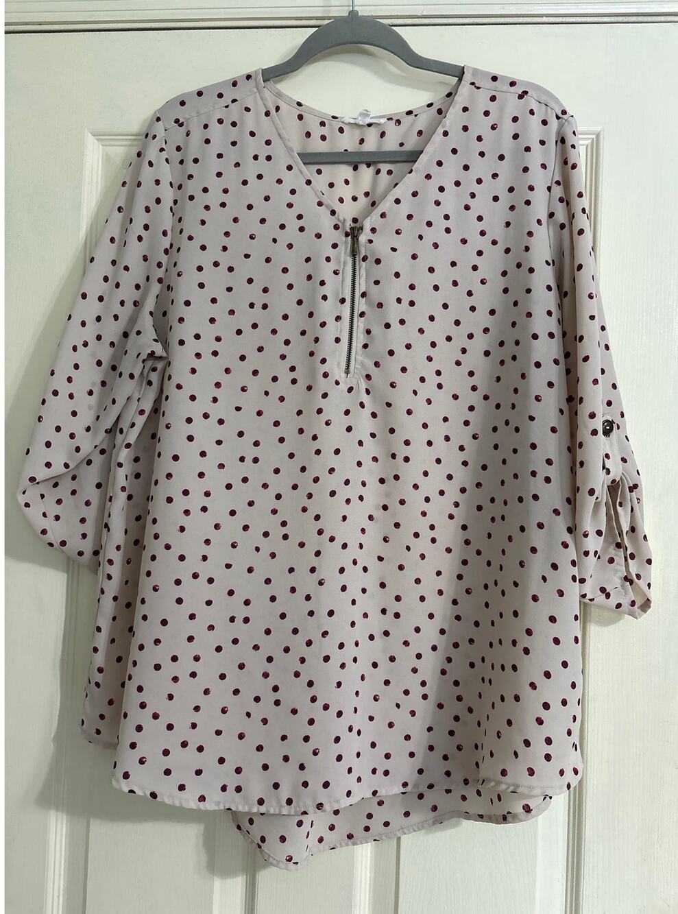 Maurices Quarter Zip Roll Tab Tunic Blouse, Blush Pink, Polka Dot, Women's XXL